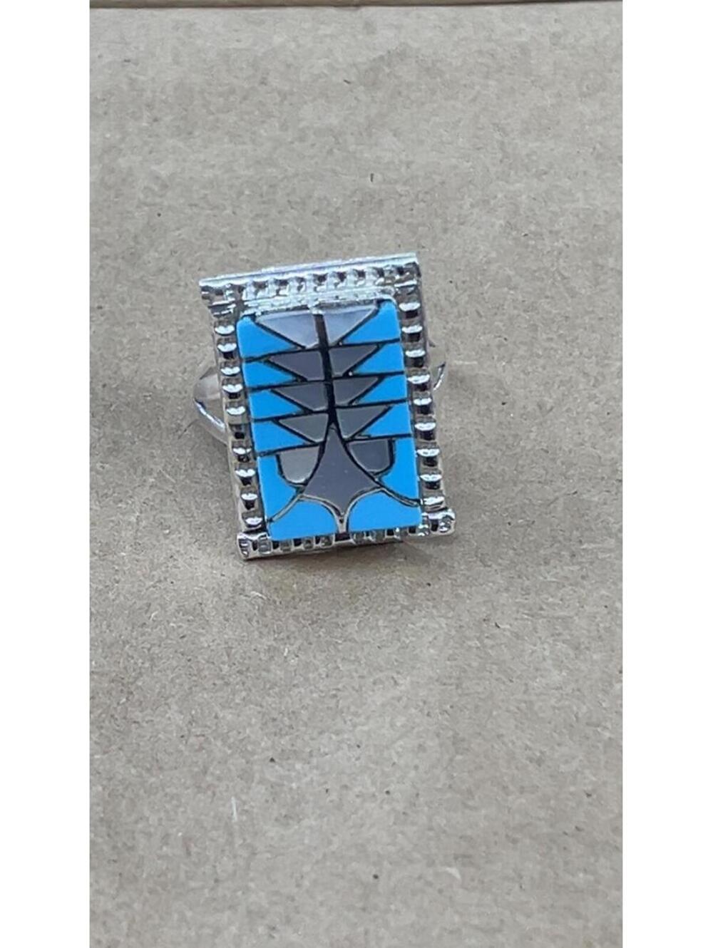 Zuni jewelry handmade turquoise mother pearl inlay sterling silver ring size 8.5